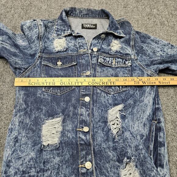 Thrill Jeans Denim Jacket Dress Medium Distressed Destroyed Button Front Frayed - Picture 7 of 10
